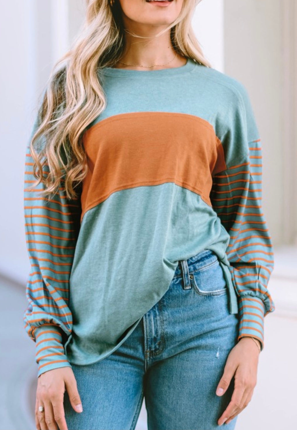 Green Striped Bishop Sleeve Top