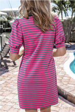 Load image into Gallery viewer, Striped Collared V-Neck Puffed Sleeve Tee Dress