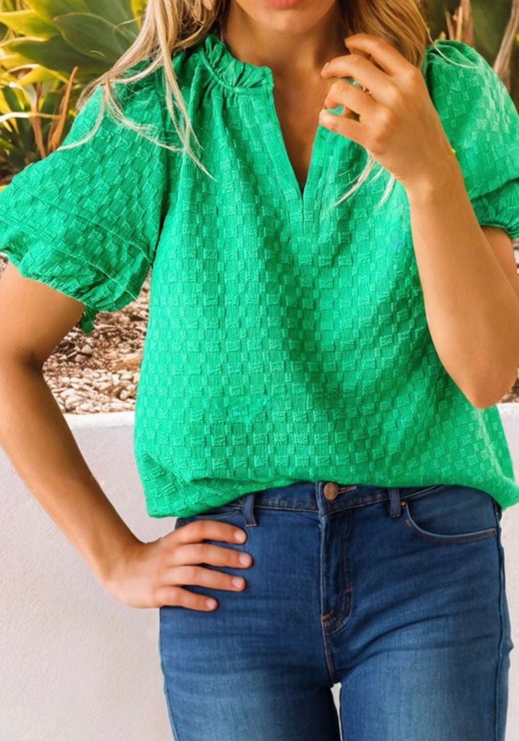 Textured Short Sleeve Kelly Green Blouse