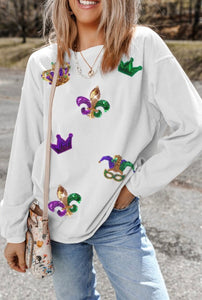 Mardi Gras White Ribbed Long Sleeve Top