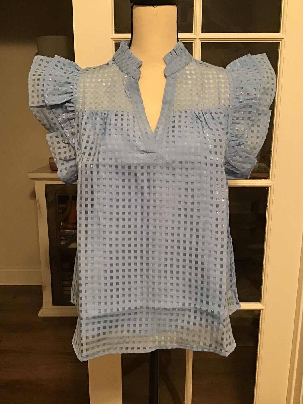 Checkered Organza Ruffle Blouse