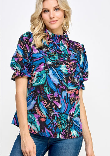 Blue Floral Printed Short Sleeve Blouse