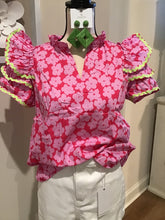 Load image into Gallery viewer, Floral Pink Ruffle Sleeve with Lime Ric Rac Trim