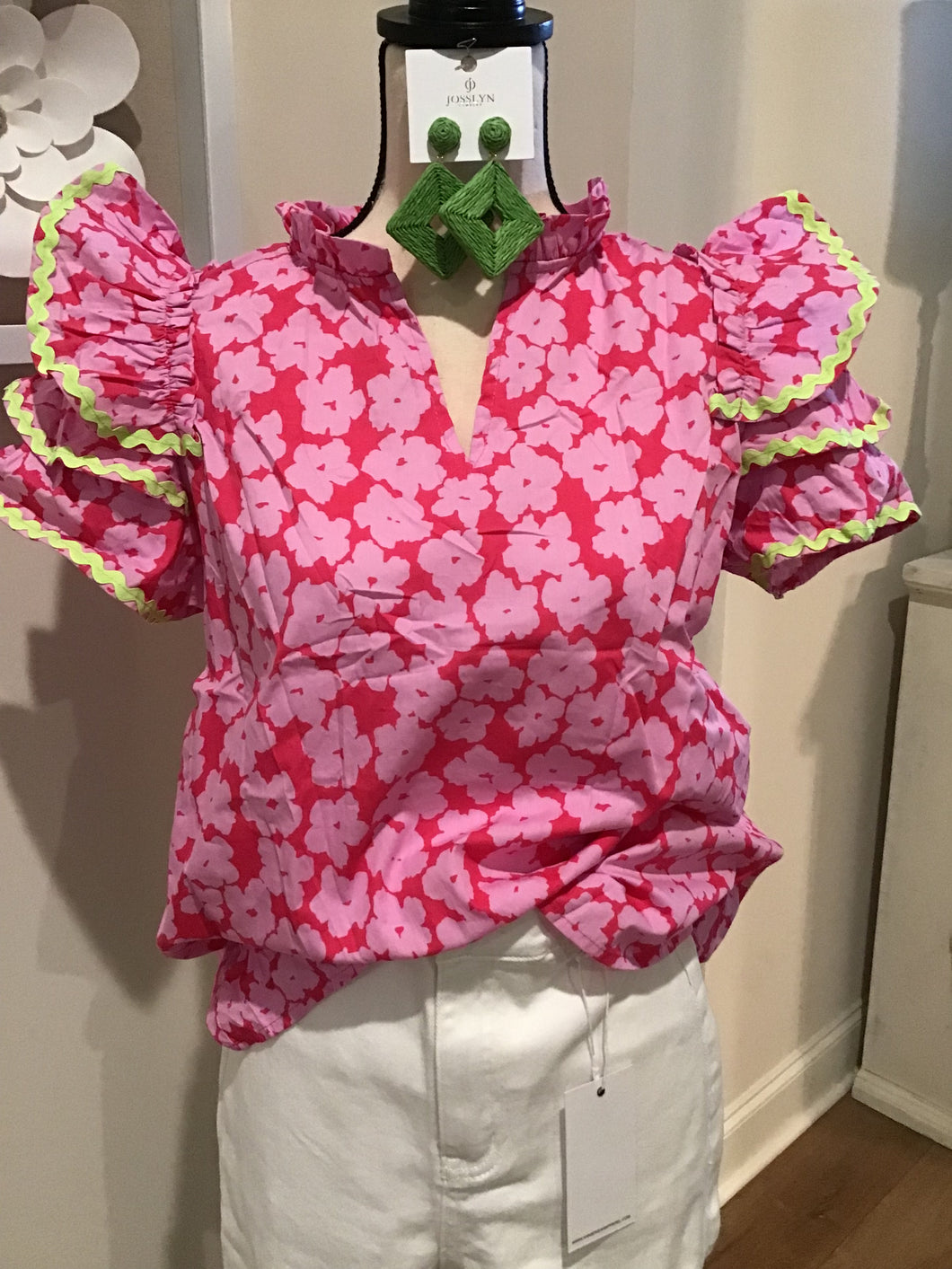 Floral Pink Ruffle Sleeve with Lime Ric Rac Trim