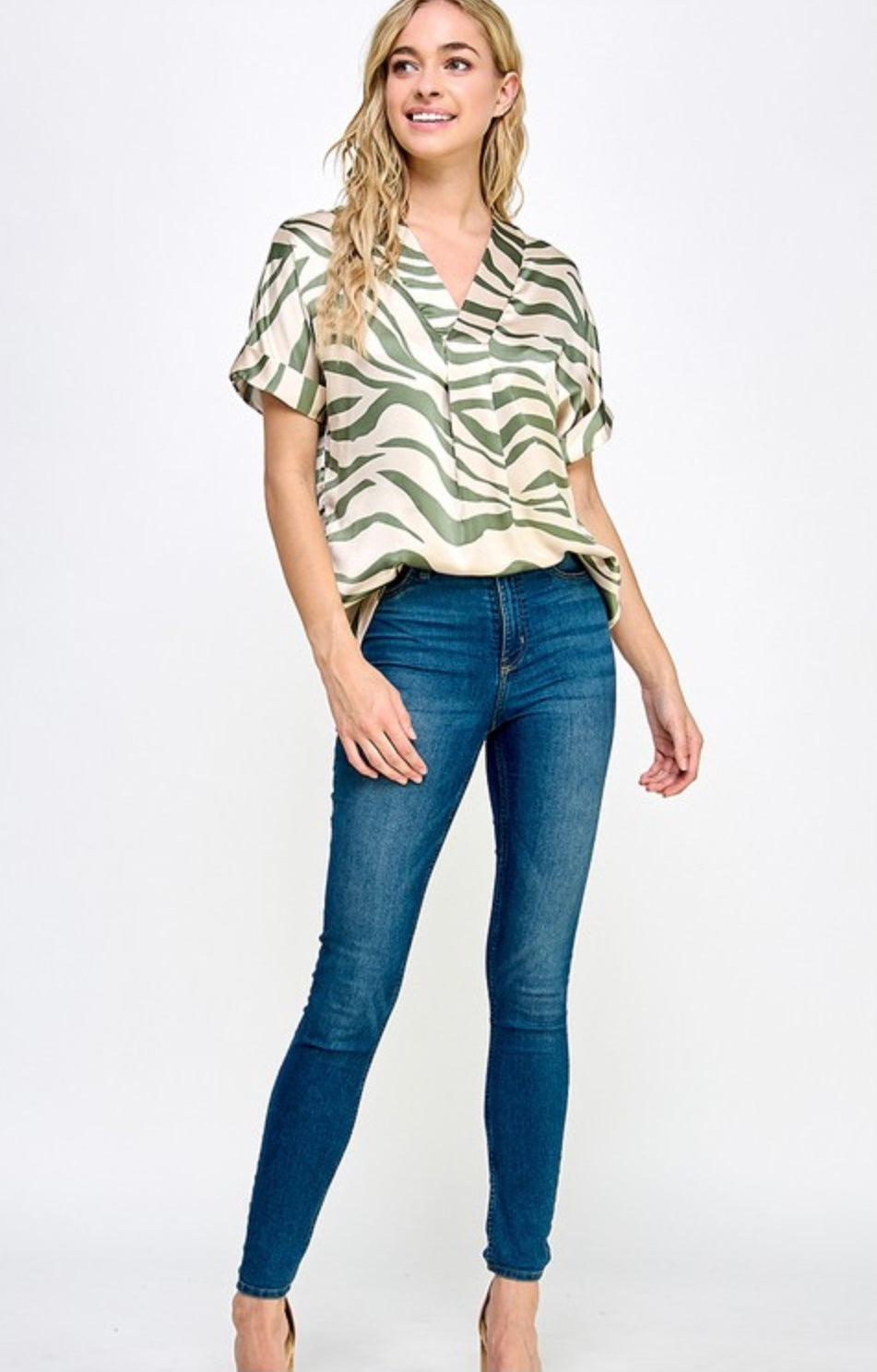 Olive Zebra Print V-Neck Satin Top