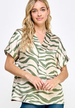 Load image into Gallery viewer, Olive Zebra Print V-Neck Satin Top