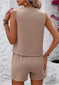 Textured Round Neck Sleeveless Top and Short Set