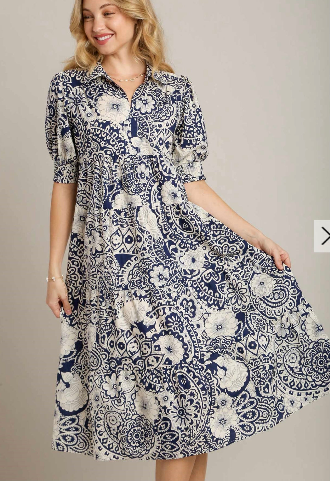 Paisley Print Dress - Navy