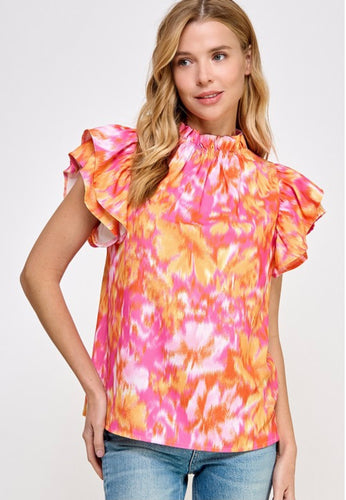 Double Ruffle Sleeve Floral Print Summer Blouse