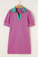 Load image into Gallery viewer, Striped Collared V-Neck Puffed Sleeve Tee Dress