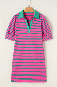 Striped Collared V-Neck Puffed Sleeve Tee Dress