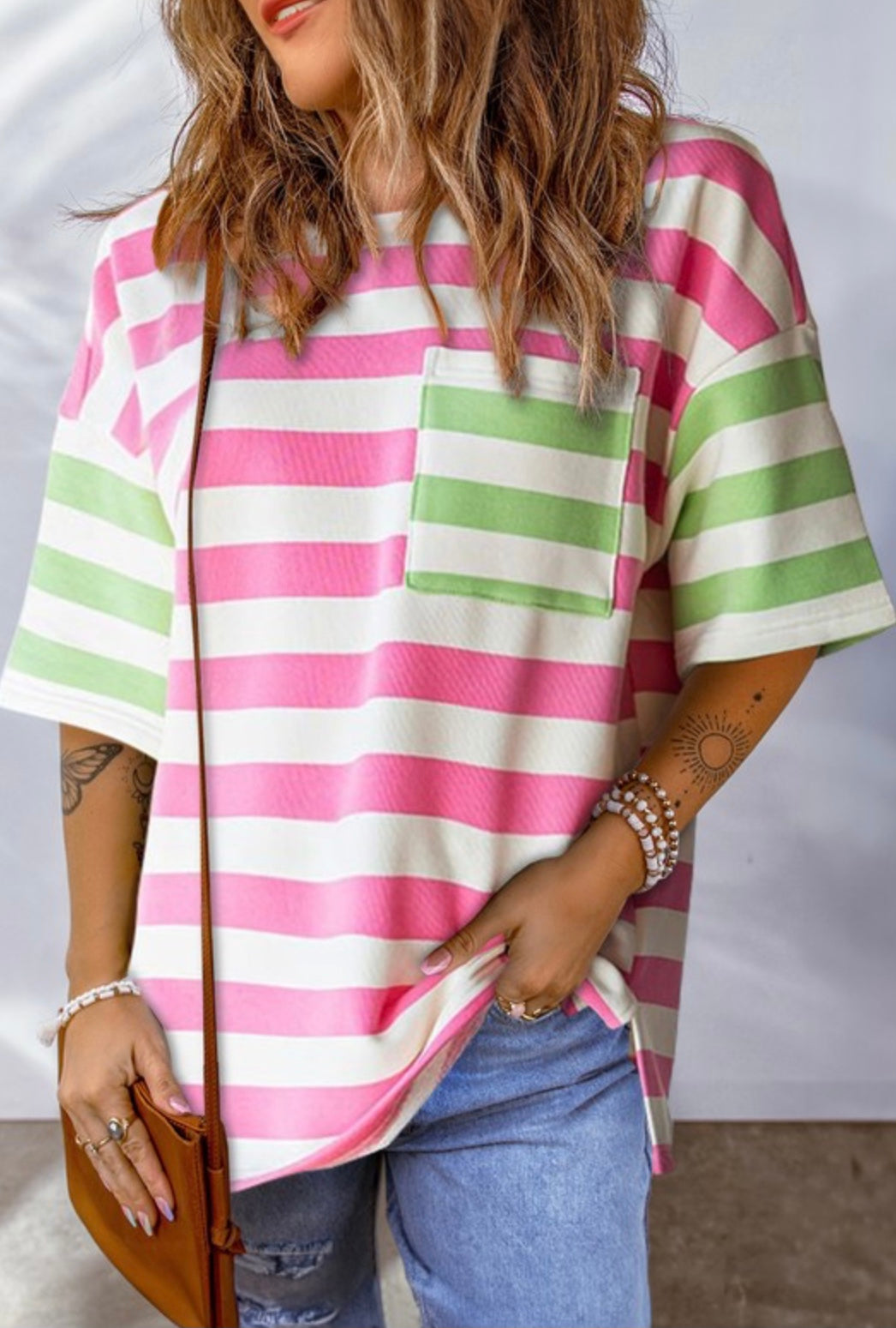 Pink and Green Striped Colorful Tee