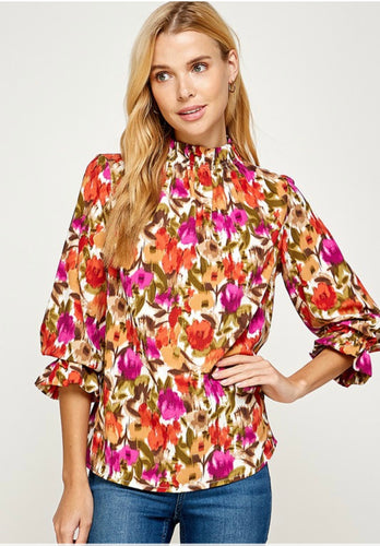 Floral 3/4 Sleeve Dressy Blouse