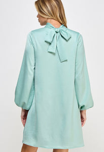 Sage Satin Long Sleeve Mock Neck Dress