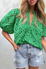 Load image into Gallery viewer, Green Hollowed Out Puffed Sleeve Blouse