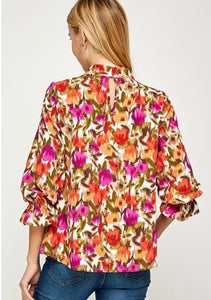 Floral 3/4 Sleeve Dressy Blouse