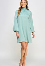 Load image into Gallery viewer, Sage Satin Long Sleeve Mock Neck Dress