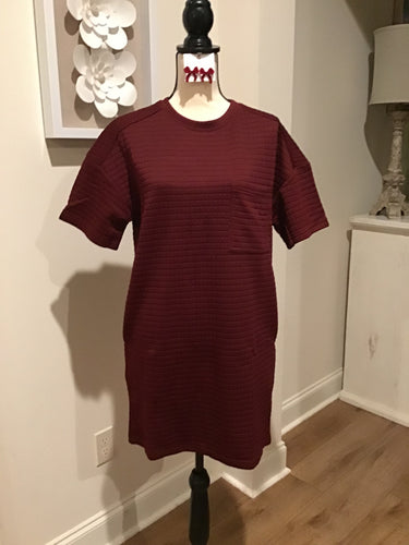 Deep Maroon Round Neck Dress w/Pockets