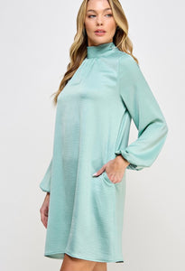 Sage Satin Long Sleeve Mock Neck Dress