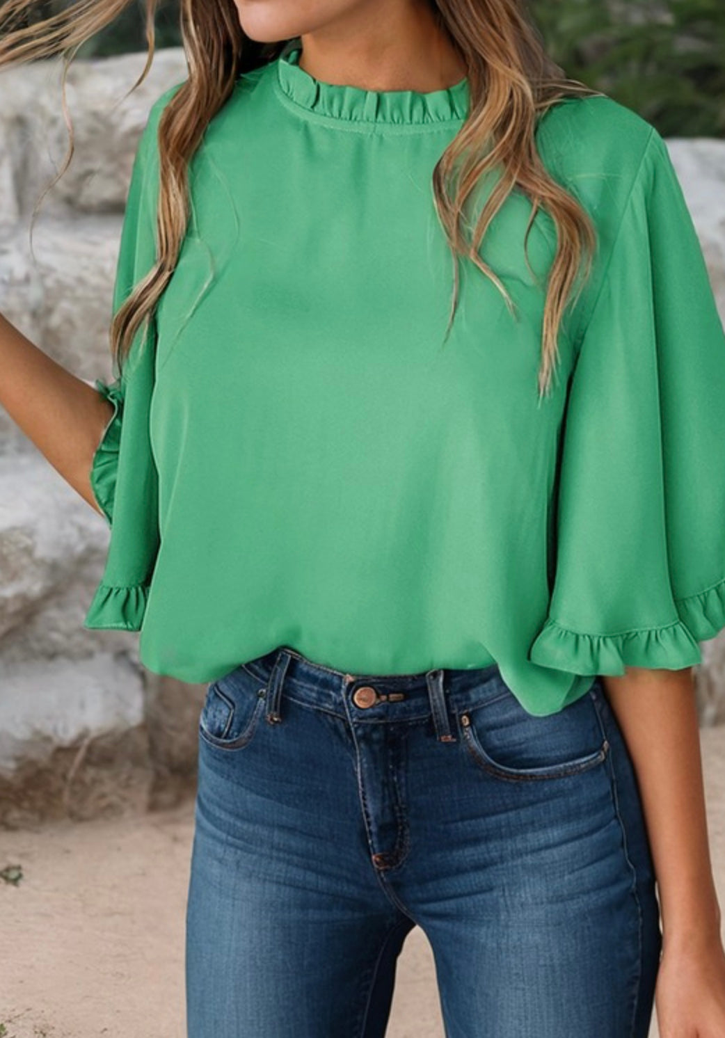 Green Bell Sleeve Blouse w/Ruffles