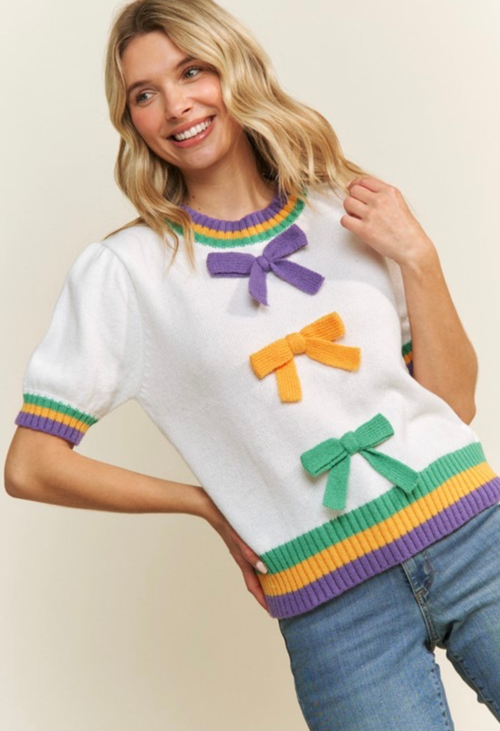 Mardi Gras Bow Detail Pullover Sweater