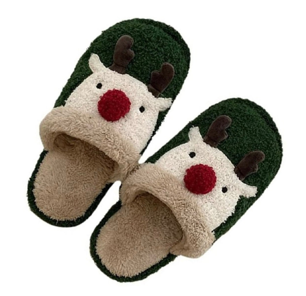 Fuzzy Reindeer Slippers- Green