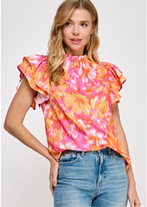 Double Ruffle Sleeve Floral Print Summer Blouse