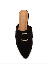 Load image into Gallery viewer, Black suede mules with Gold Buckle