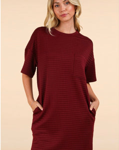 Deep Maroon Round Neck Dress w/Pockets