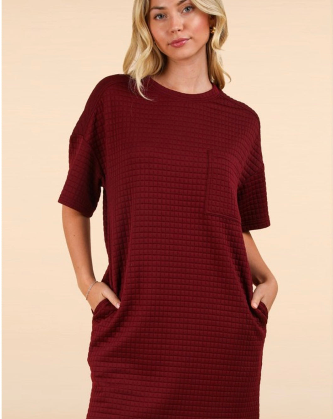 Deep Maroon Round Neck Dress w/Pockets