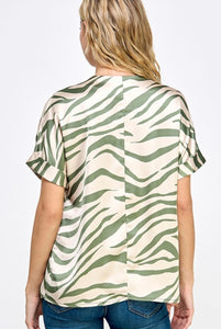 Olive Zebra Print V-Neck Satin Top