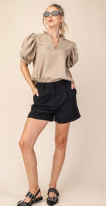 Ruffle V-Neck Puffed Sleeve Blouse