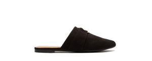 Black suede mules with Gold Buckle