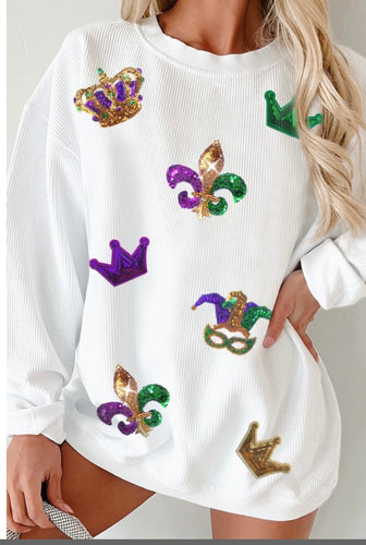 Mardi Gras White Ribbed Long Sleeve Top