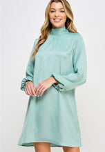 Load image into Gallery viewer, Sage Satin Long Sleeve Mock Neck Dress