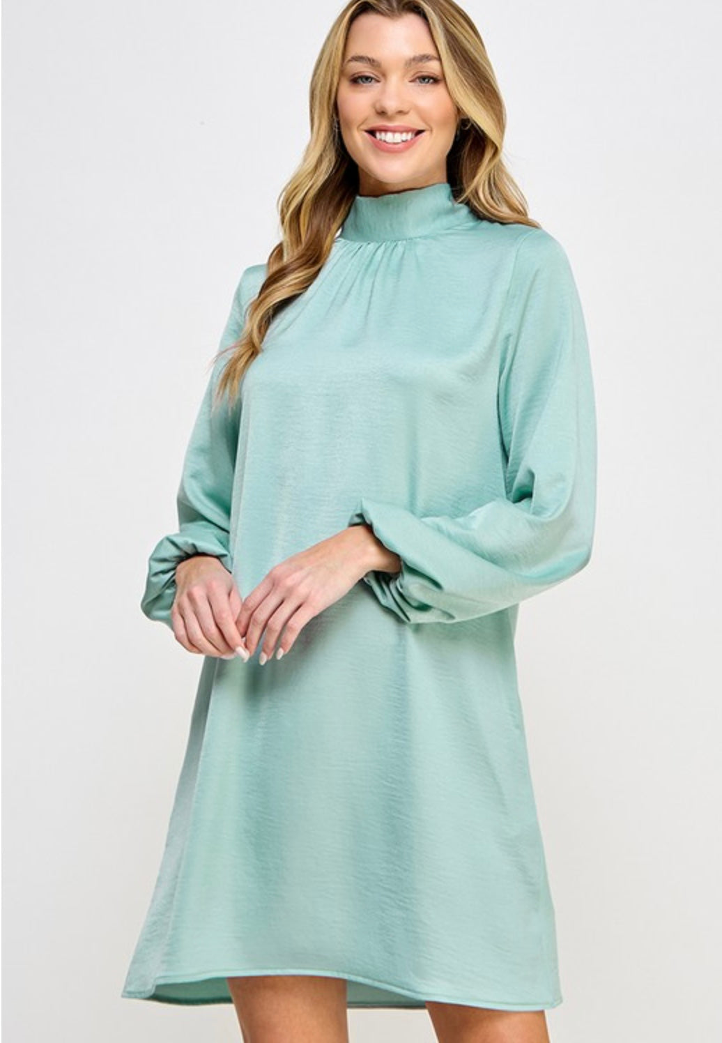 Sage Satin Long Sleeve Mock Neck Dress