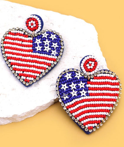 Seed Bead USA Flag Drop Stud Earrings