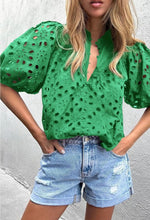 Load image into Gallery viewer, Green Hollowed Out Puffed Sleeve Blouse