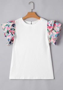 Floral Tiered Ruffle Sleeve Textured Top