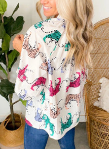 Colorful Tiger Print Lantern Sleeve Blouse