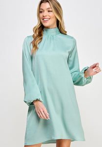 Sage Satin Long Sleeve Mock Neck Dress