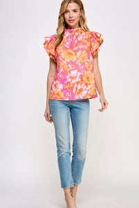 Double Ruffle Sleeve Floral Print Summer Blouse