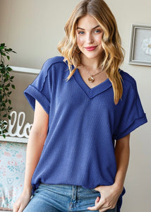 Ribbed V-Neck Short Sleeve Top