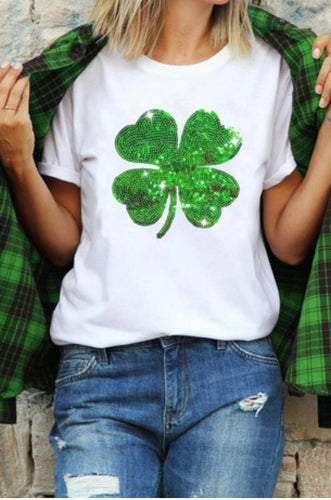 Sequin 4 Leaf Clover White Tee