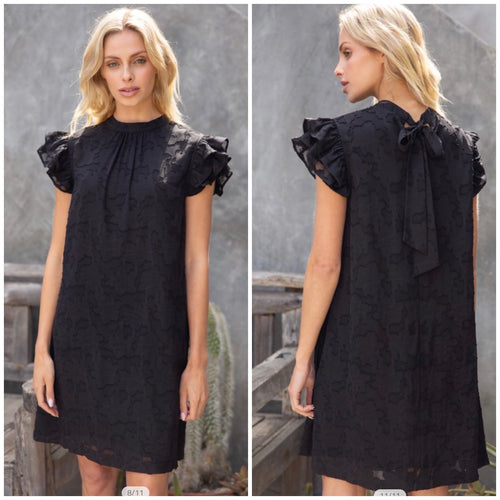 Black Lined Ruffle Sleeved Dress